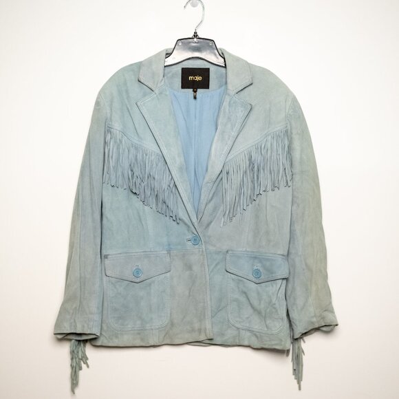 Maje blue Suede leather jacket with fringing - Picture 2 of 7